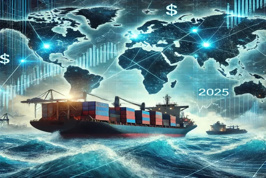 Cargo ships navigating stormy waters with a world map, currency graphs, and trade routes in the background, symbolizing global trade challenges in 2025.