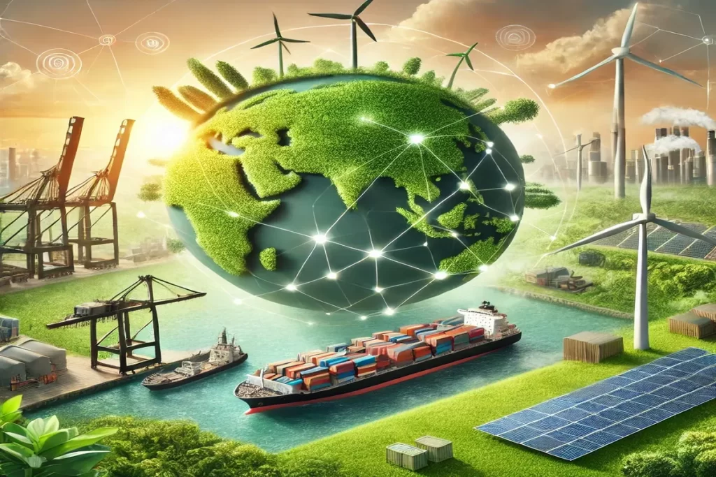 A cargo ship transporting goods with a green landscape, wind turbines, and solar panels, symbolizing sustainable global sourcing and ethical trade.