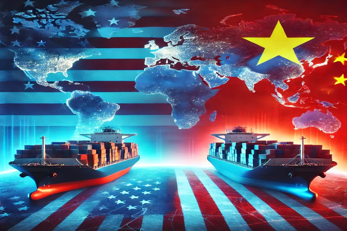 Cargo ships representing U.S.-China trade tensions with a global trade map in the background, symbolizing international trade challenges in 2025.